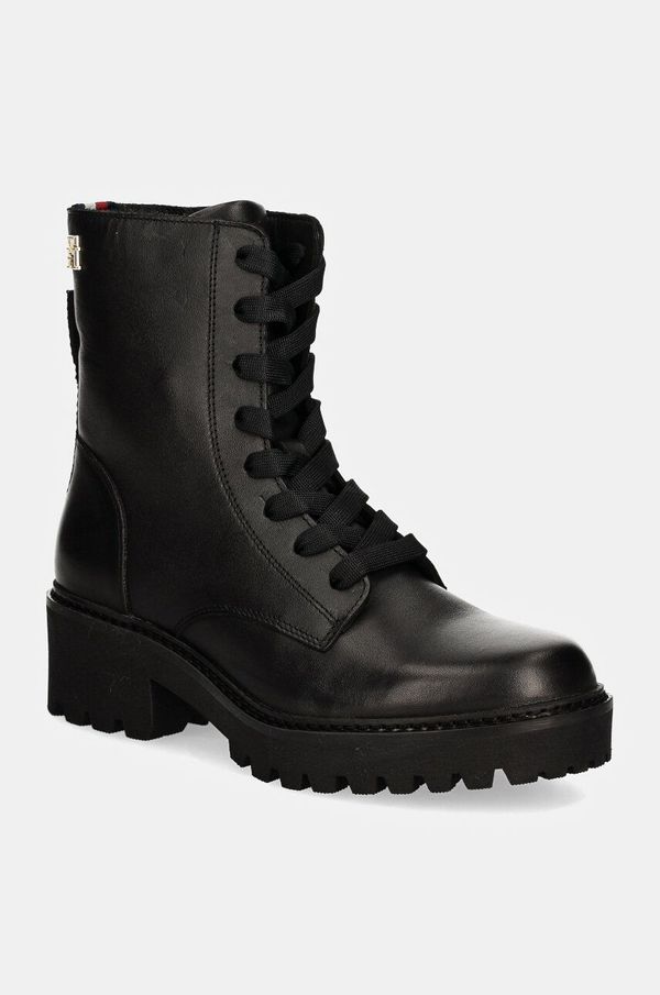 Tommy Hilfiger Kožne čizme Tommy Hilfiger CHIC MID HEEL LEATHER LACE-UP za žene, boja: crna, ravni potplat, FW0FW08305
