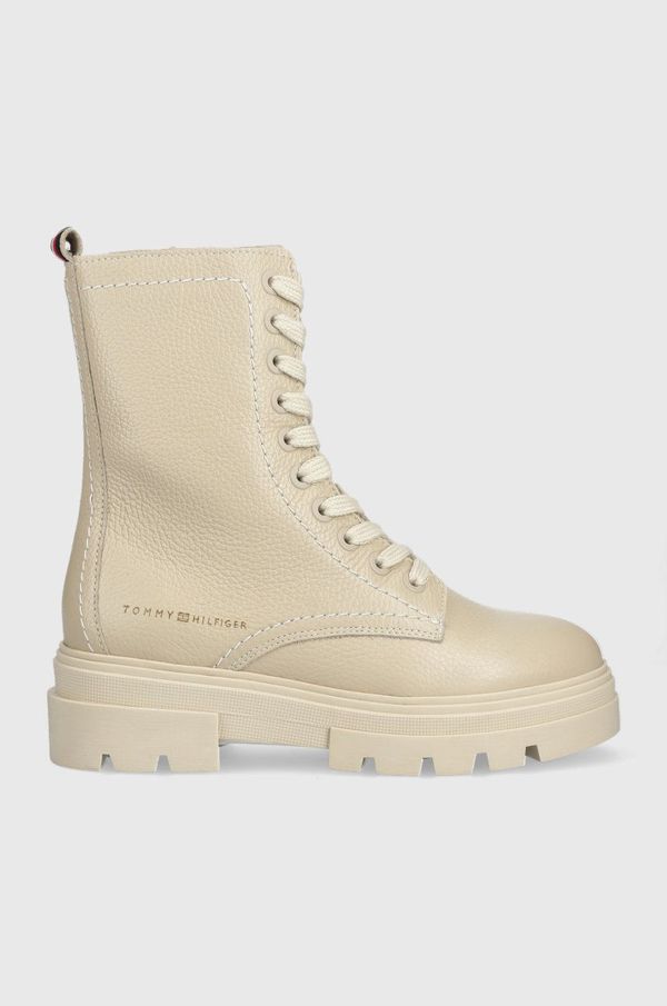 Tommy Hilfiger Kožne čizme Tommy Hilfiger Monochromatic Lace Up Boot za žene, boja: bež, ravna potpetica