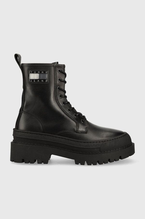 Tommy Jeans Kožne čizme Tommy Jeans TJW FOXING LACE UP za žene, boja: crna, ravni potplat, EN0EN02217