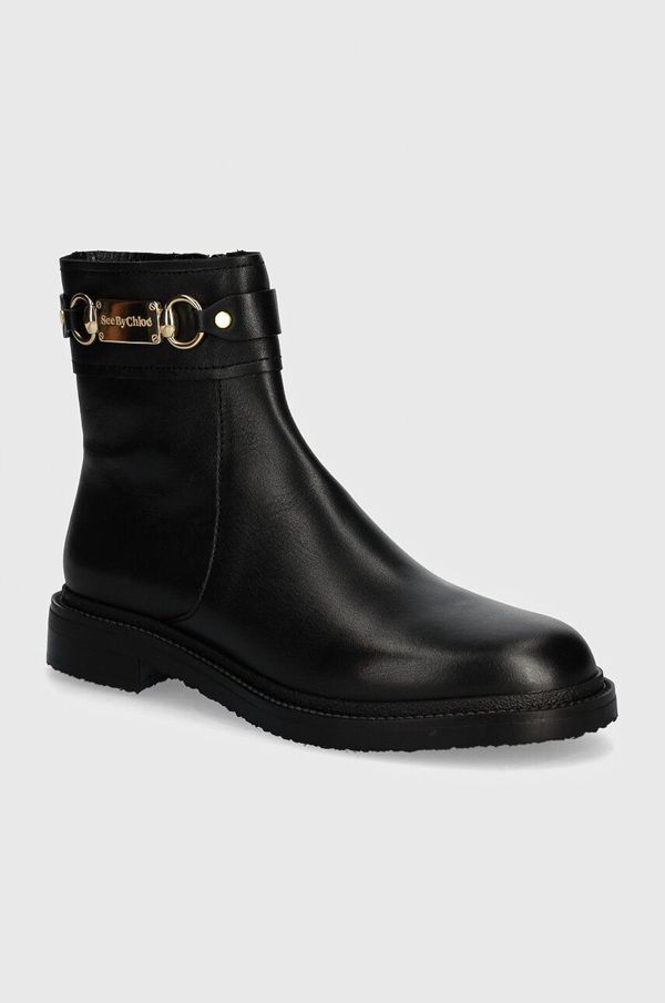 See By Chloé Kožne gležnjače See by Chloé Signature 1 za žene, boja: crna, ravni potplat, SB43034A