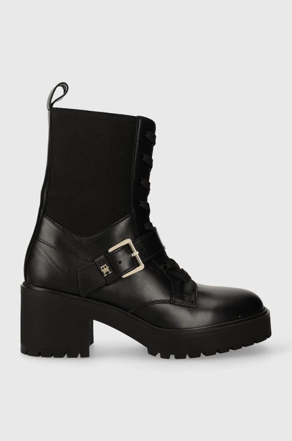 Tommy Hilfiger Kožne gležnjače Tommy Hilfiger BELT LEATHER BOOT za žene, boja: crna, s debelom potpeticom, FW0FW07526