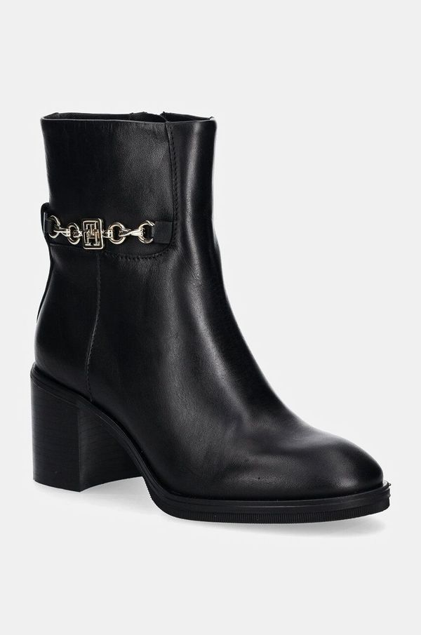 Tommy Hilfiger Kožne gležnjače Tommy Hilfiger TH CHAIN LEATHER MID HEEL BOOTIE za žene, boja: crna, s debelom potpeticom, FW0FW08183