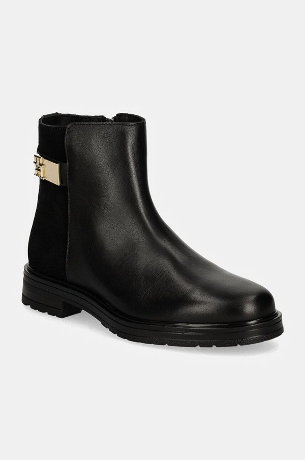 Tommy Hilfiger Kožne gležnjače Tommy Hilfiger TH LOGO LEATHER MIX CHELSEA za žene, boja: crna, ravni potplat, FW0FW08336