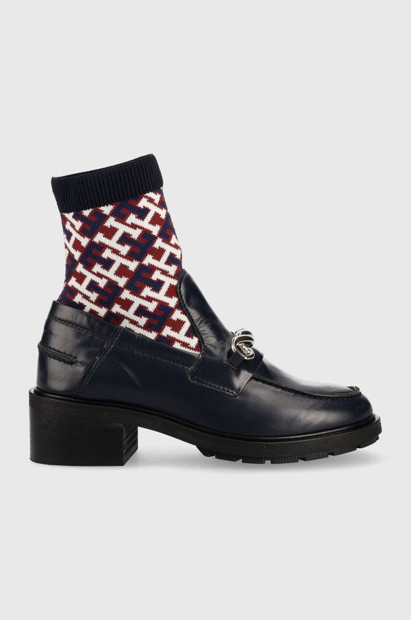Tommy Hilfiger Kožne gležnjače Tommy Hilfiger Tommy Monogram Bootie za žene, boja: tamno plava, s debelom petom