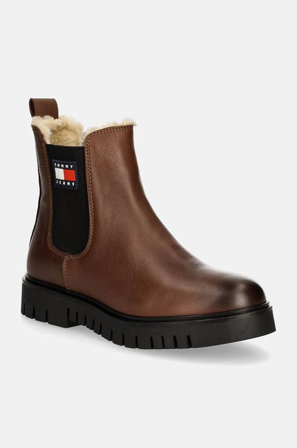 Tommy Jeans Kožne gležnjače Tommy Jeans TJW CHELSEA BOOT WL za žene, boja: smeđa, ravni potplat, s toplom podstavom, EN0EN02626