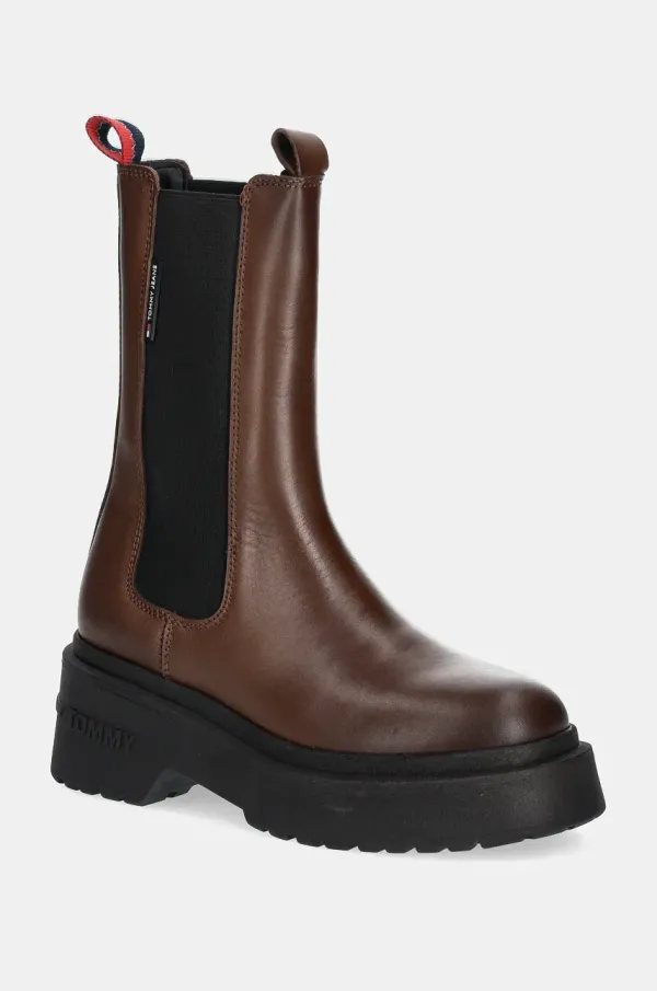 Tommy Jeans Kožne gležnjače Tommy Jeans TJW CHUNKY CHELSEA za žene, boja: smeđa, s platformom, EN0EN02635