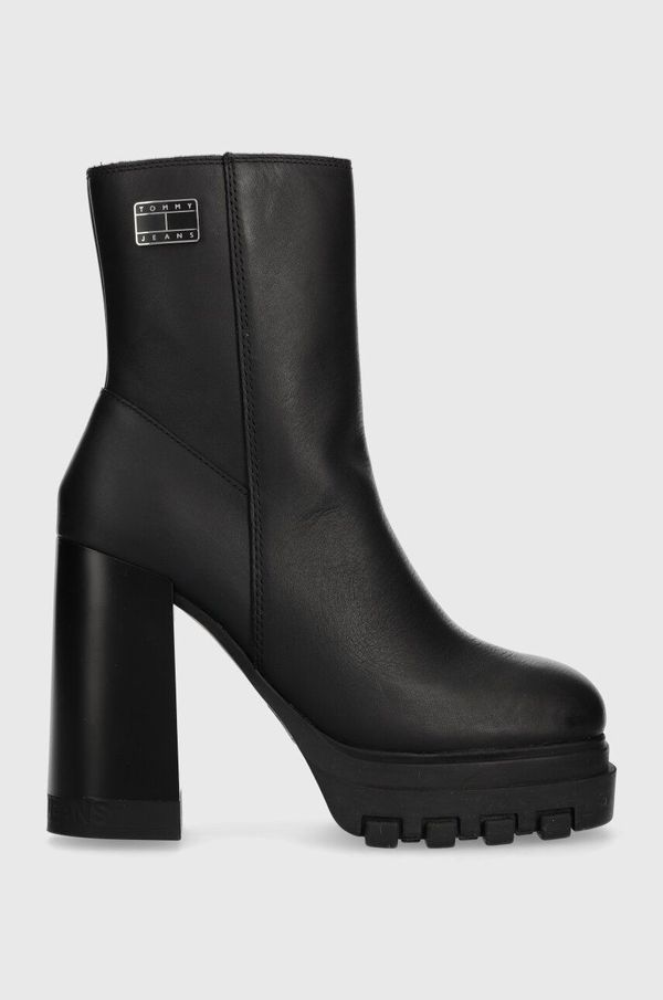 Tommy Jeans Kožne gležnjače Tommy Jeans TJW HIGH HEEL ANKLE BOOT za žene, boja: crna, s debelom potpeticom, EN0EN02256