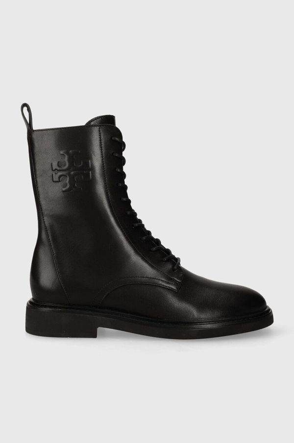Tory Burch Kožne gležnjače Tory Burch DOUBLE T COMBAT BOOT za žene, boja: crna, ravni potplat, 154336-006