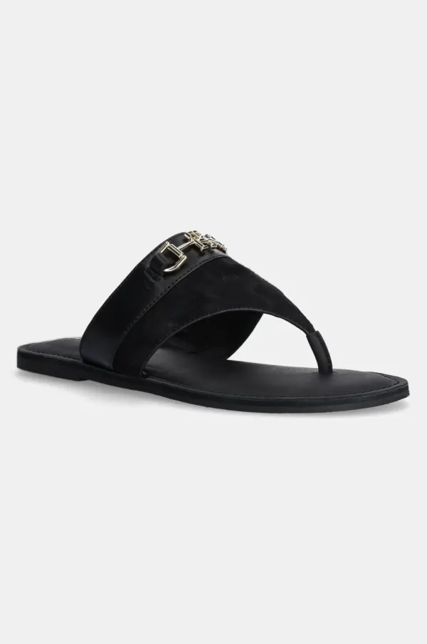 Tommy Hilfiger Kožne japanke Tommy Hilfiger MIXED LEATHER HORSEBIT THONG za žene, boja: crna, ravni potplat, FW0FW08506