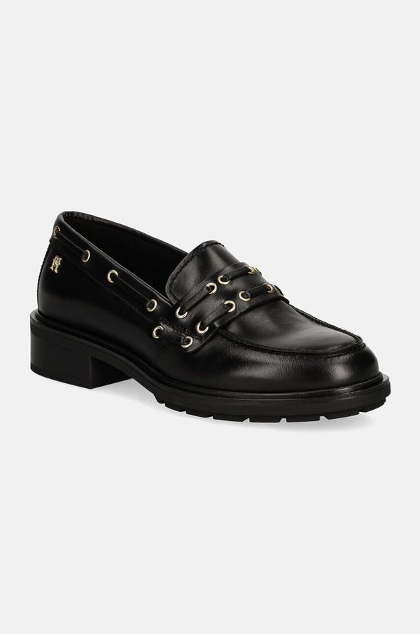 Tommy Hilfiger Kožne mokasinke Tommy Hilfiger NAUTICAL EYELETS LEATHER LOAFER za žene, boja: crna, s platformom, FW0FW08148