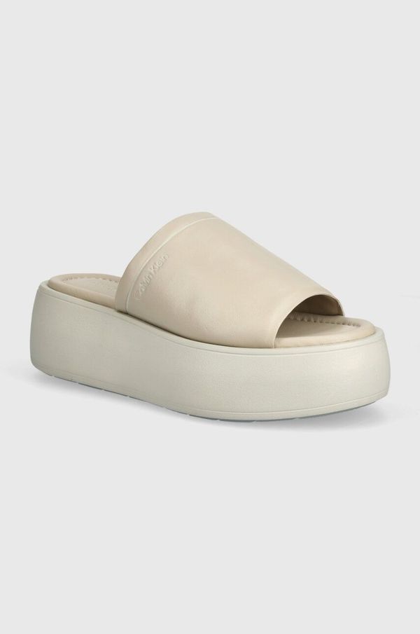 Calvin Klein Kožne natikače Calvin Klein FLATFORM SLIDE LTH za žene, boja: bež, s platformom, HW0HW01943