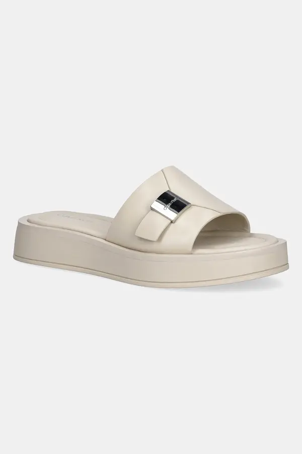 Calvin Klein Kožne natikače Calvin Klein FLATFORM SLIDE W/CK HW - LTH