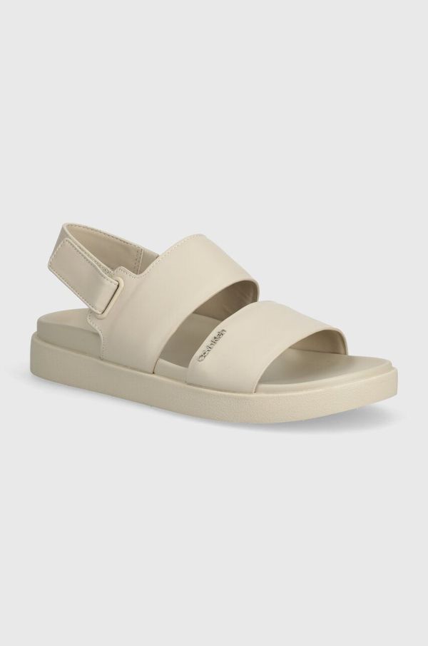 Calvin Klein Kožne sandale Calvin Klein FLAT SANDAL CALVIN MTL LTH za žene, boja: bež, HW0HW01984