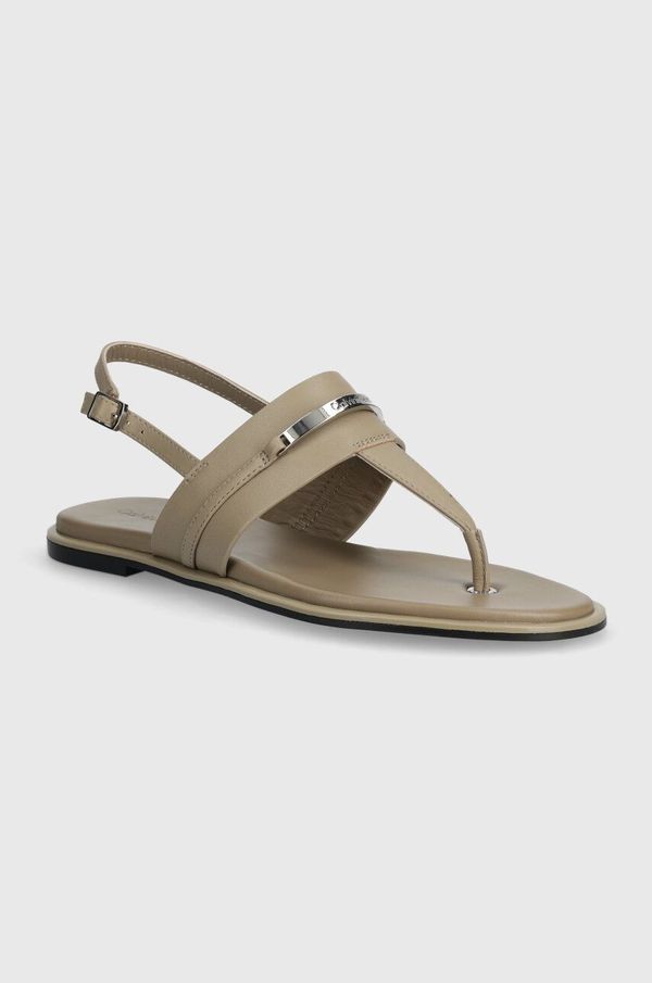 Calvin Klein Kožne sandale Calvin Klein FLAT TP SANDAL METAL BAR LTH za žene, boja: bež, HW0HW02031