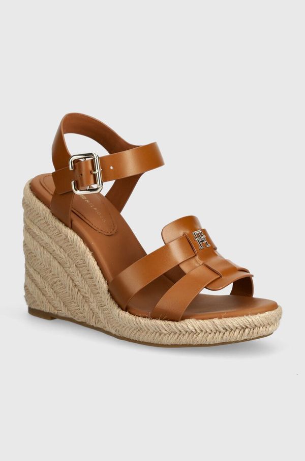 Tommy Hilfiger Kožne sandale Tommy Hilfiger ESPADRILLE HIGH WEDGE LEATHER boja: smeđa, FW0FW07925