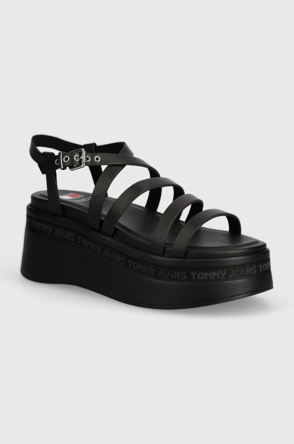 Tommy Jeans Kožne sandale Tommy Jeans TJW STRAPPY WEDGE SANDAL boja: crna, EN0EN02516