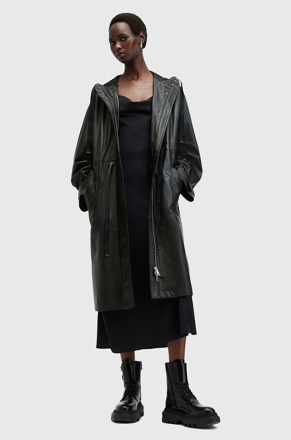 AllSaints Kožni kaput AllSaints KELSEA LEA COAT za žene, boja: crna, za prijelazno razdoblje, W028LB