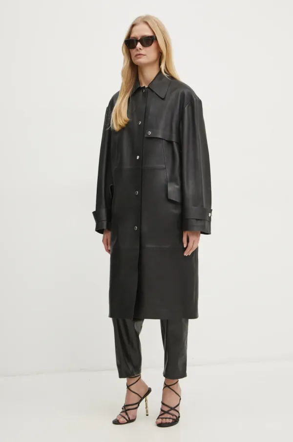 BOSS Kožni kaput BOSS za žene, boja: crna, za prijelazno razdoblje, 50531308