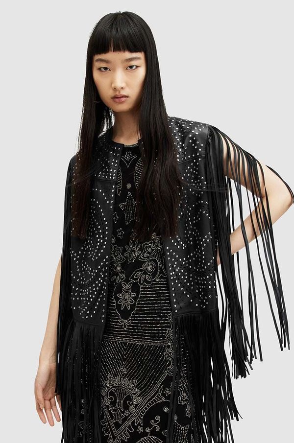 AllSaints Kožni prsluk AllSaints ELIAS GILET za žene, boja: crna, za prijelazno razdoblje, W040LA