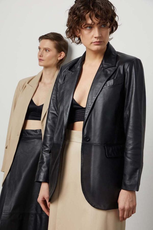 Answear Lab Kožni sako Answear Lab boja: crna, jednoredno zakopčavanje, bez uzorka