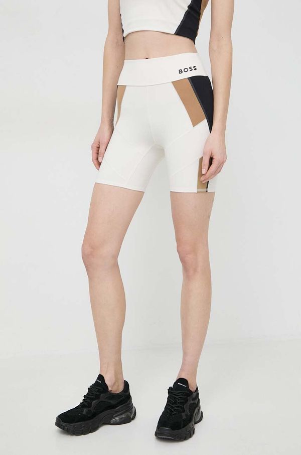 Boss Kratke hlače BOSS za žene, boja: bež, s uzorkom, visoki struk