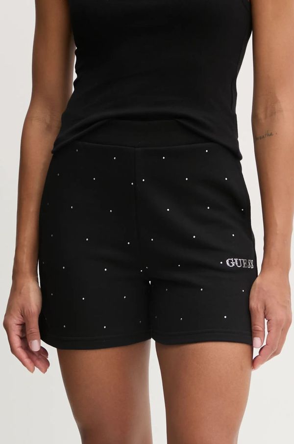 Guess Kratke hlače Guess RHINESTONES za žene, boja: crna, s aplikacijom, visoki struk, V5RD03 KCLJ0