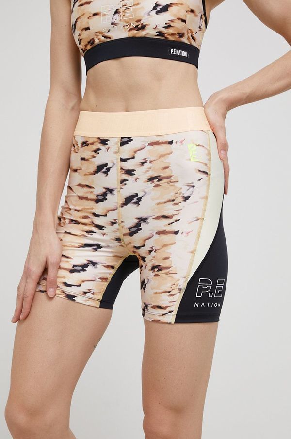 P.E Nation Kratke hlače P.E Nation za žene, boja: bež, s uzorkom, visoki struk