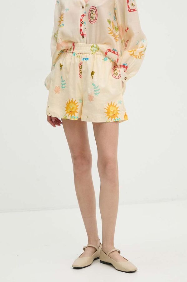 Never Fully Dressed Kratke hlače s dodatkom lana Never Fully Dressed Sundazed Summer Ellis boja: bež, s uzorkom, visoki struk, NFDTR380