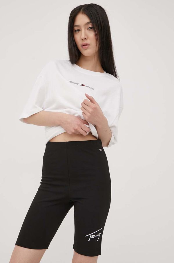 Tommy Jeans Kratke hlače Tommy Jeans za žene, boja: crna, s aplikacijom, visoki struk