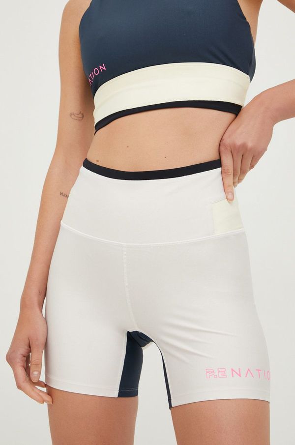 P.E Nation Kratke hlače za trening P.E Nation Outline za žene, boja: bež, s tiskom, visoki struk