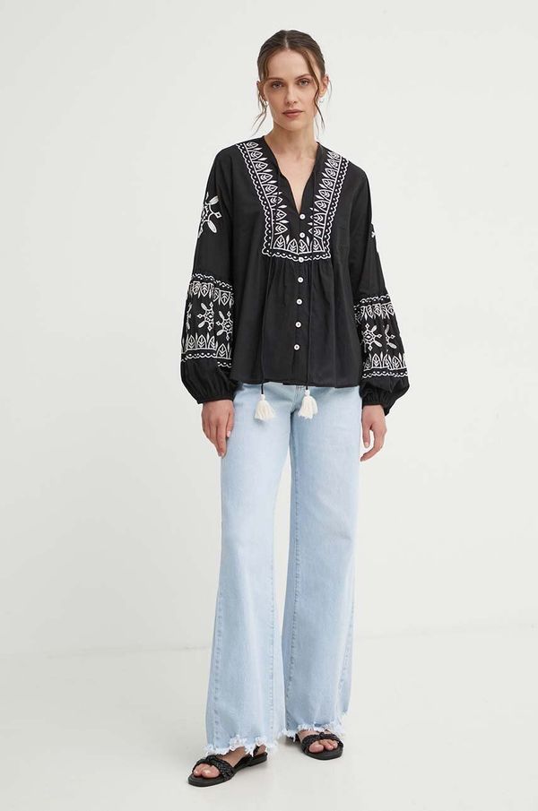 Answear Lab Lanena bluza Answear Lab boja: crna, s aplikacijom