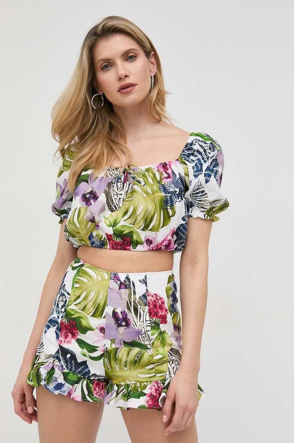 Guess Lanena bluza Guess za žene, boja: zelena, s uzorkom