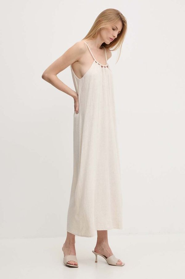 Answear Lab Lanena haljina Answear Lab boja: bež, midi, ravna