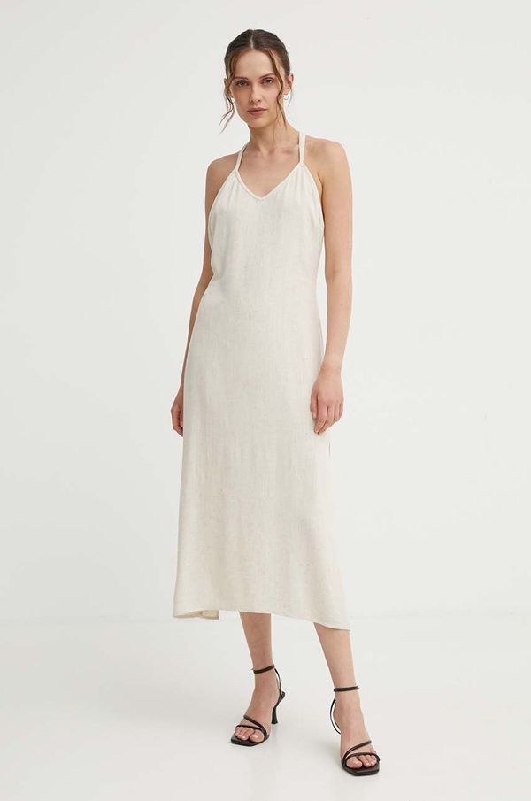 Answear Lab Lanena haljina Answear Lab boja: bež, midi, širi se prema dolje