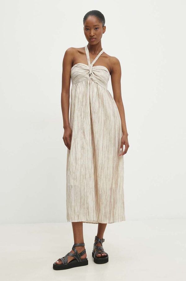 Answear Lab Lanena haljina Answear Lab boja: bež, midi, širi se prema dolje