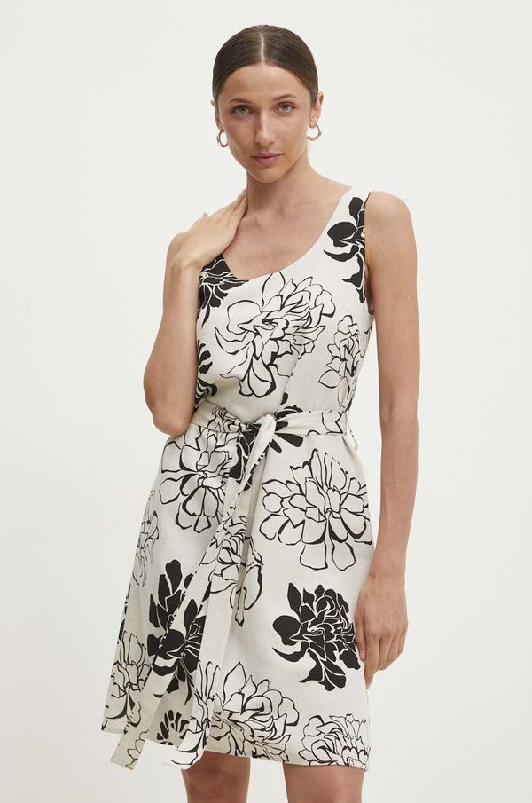 Answear Lab Lanena haljina Answear Lab boja: bež, mini, širi se prema dolje