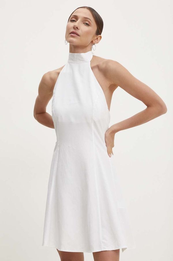 Answear Lab Lanena haljina Answear Lab boja: bijela, mini, širi se prema dolje