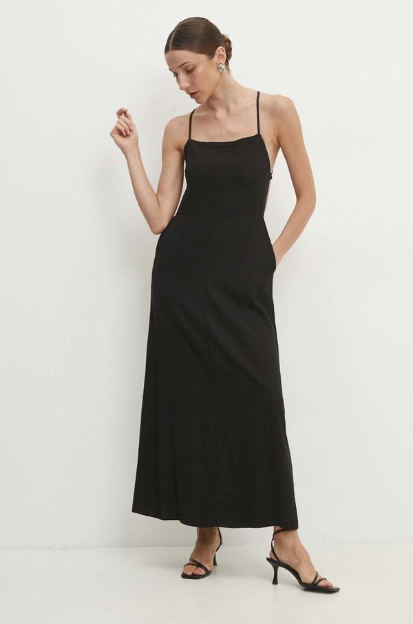 Answear Lab Lanena haljina Answear Lab boja: crna, midi, širi se prema dolje