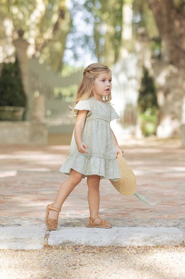 TARTINE ET CHOCOLAT Lanena haljina za bebe Tartine et Chocolat boja: zelena, mini, širi se prema dolje