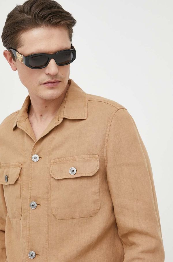 Boss Lanena košulja BOSS boja: bež, regular, s klasičnim ovratnikom