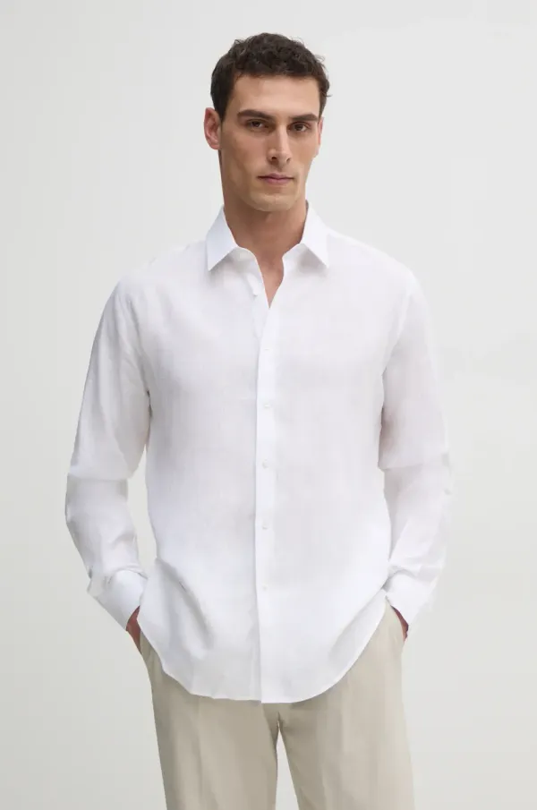 Karl Lagerfeld Lanena košulja Karl Lagerfeld za muškarce, boja: bijela, regular, s klasičnim ovratnikom, 552667.605000