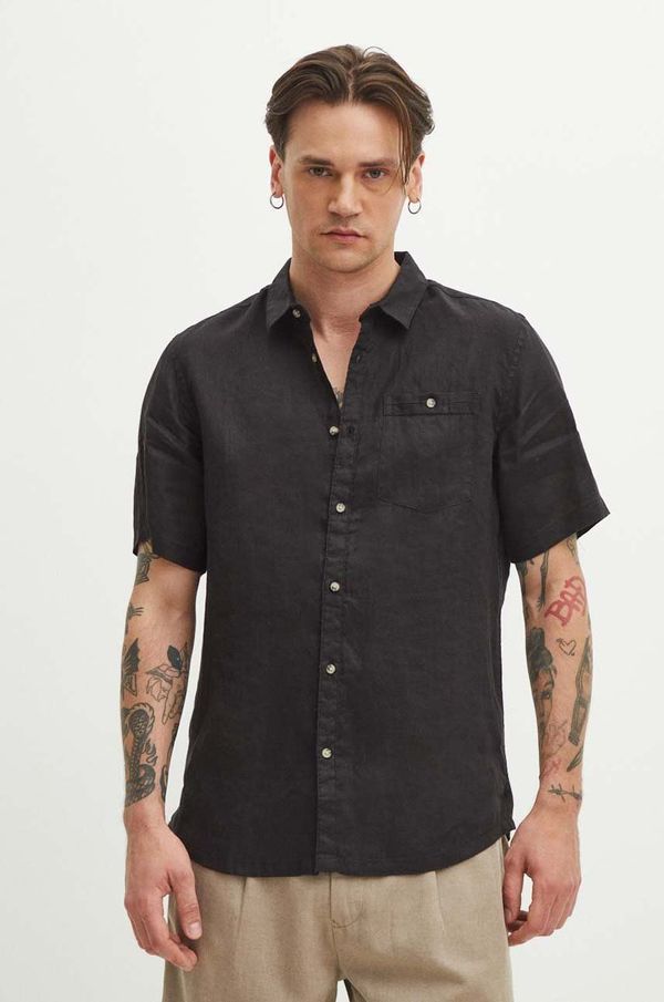 Medicine Lanena košulja Medicine za muškarce, boja: crna, regular, s klasičnim ovratnikom