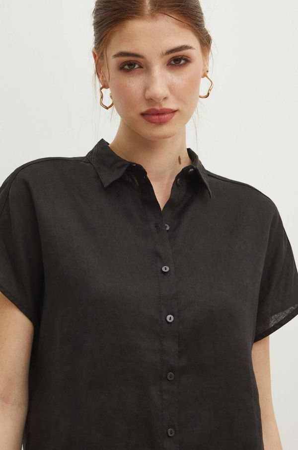 Medicine Lanena košulja Medicine za žene, boja: crna, regular, s klasičnim ovratnikom