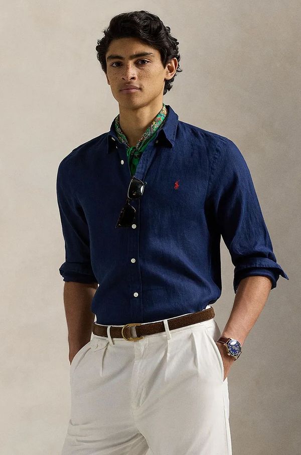 Polo Ralph Lauren Lanena košulja Polo Ralph Lauren boja: tamno plava, slim, s klasičnim ovratnikom, 710966295