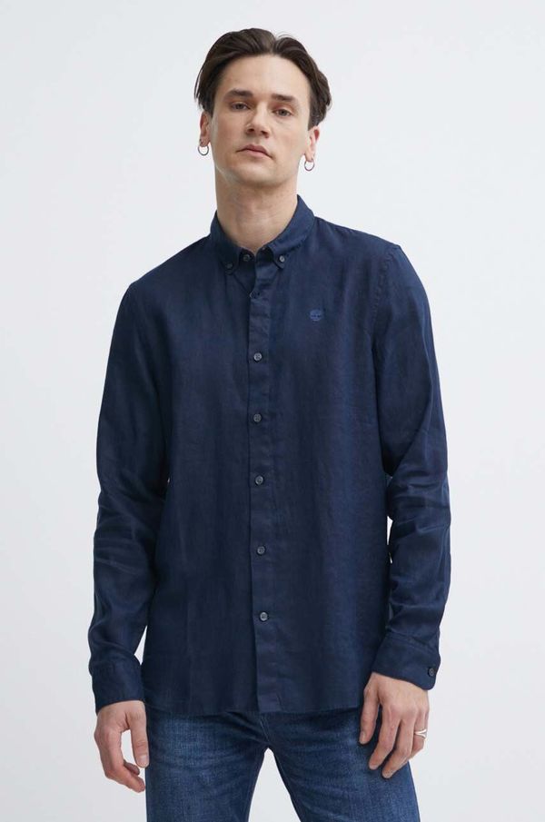 Timberland Lanena košulja Timberland boja: tamno plava, slim, s button-down ovratnikom, TB0A2DC34331