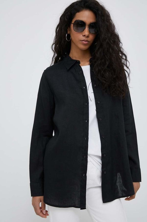 United Colors of Benetton Lanena košulja United Colors of Benetton boja: crna, relaxed, s klasičnim ovratnikom