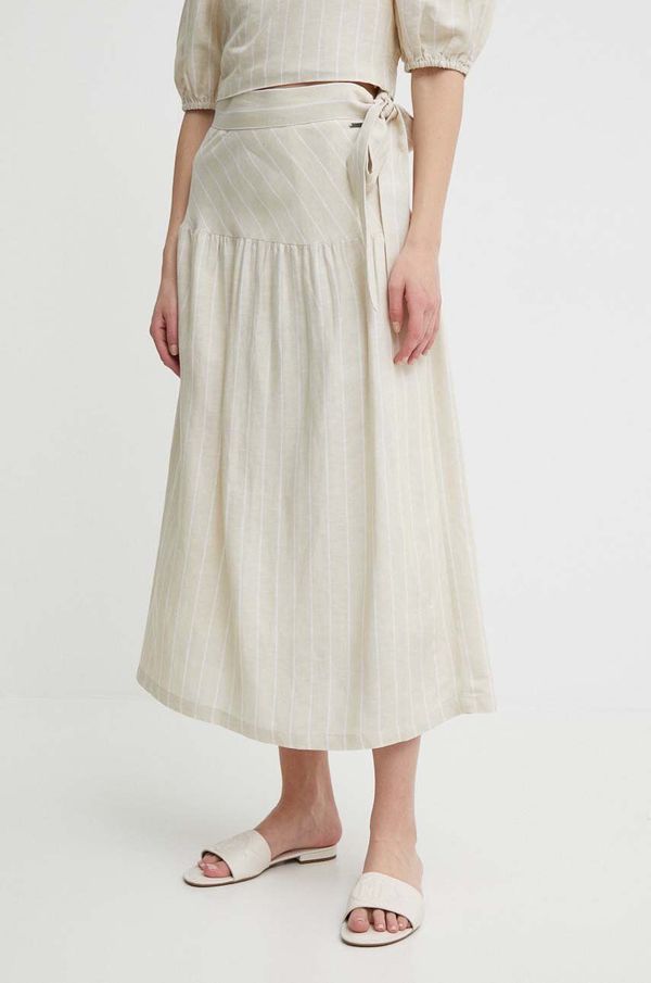 Pepe Jeans Lanena suknja Pepe Jeans EFFIE boja: bež, midi, širi se prema dolje, PL901125