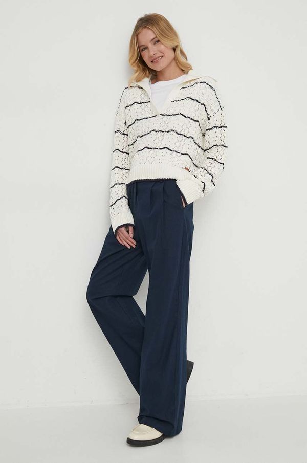 Barbour Lanene hlače Barbour boja: tamno plava, ravni kroj, visoki struk