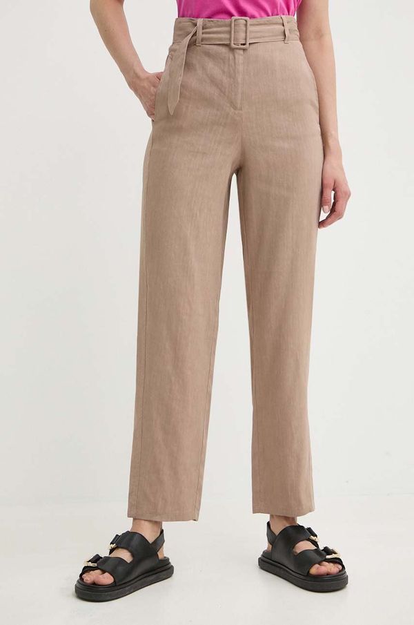 Marella Lanene hlače Marella boja: bež, ravni kroj, visoki struk, 2413131055200