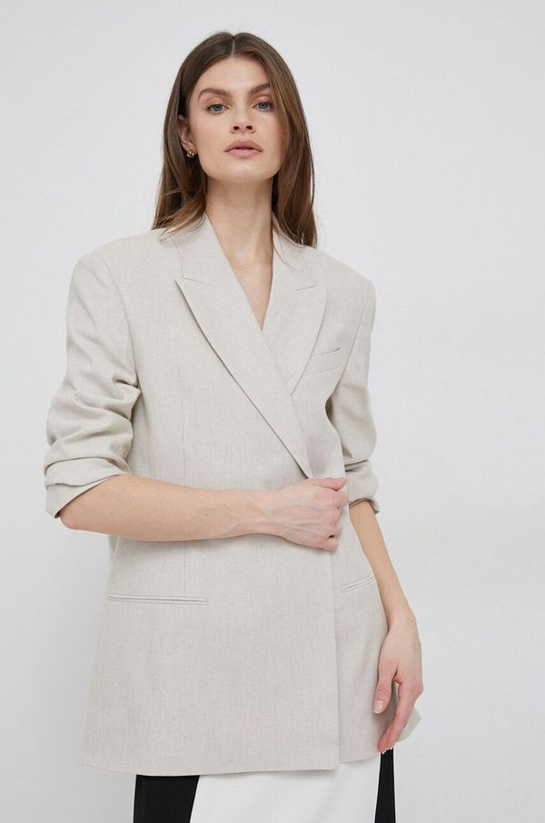 Calvin Klein Laneni sako Calvin Klein boja: bež, dvoredno zakopčavanje, bez uzorka